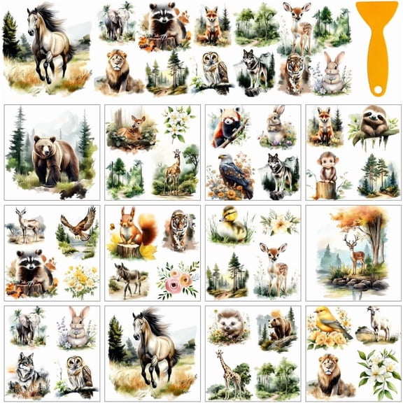12 Sheets 12 Style PVC Heat Transfer for Window Decoration Animals 140x140mm 1 sheet/style