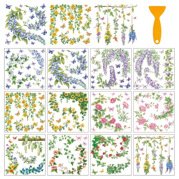 12 Sheets 12 Style PVC Stickers Heat Transfer Film for DIY for Window Decoration Flower 140x140mm 1 sheet/style PVC