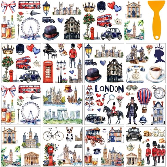 12 Sheets 12 Style PVC Stickers Heat Transfer Film for Window Decoration Building 140x140mm 1 sheet/style