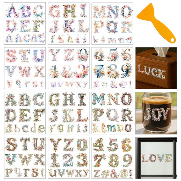 12 Sheets 12 Style PVC Stickers Heat Transfer Film for Window Decoration Letter 140x140mm 1 sheet/style DIY