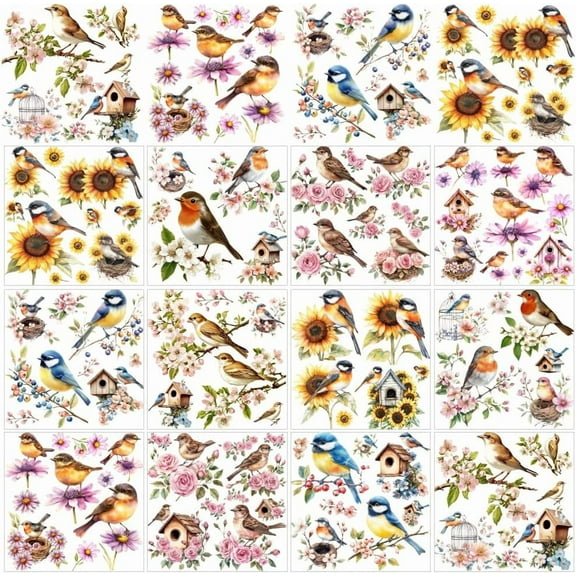 12 Sheets 12 Style Rub on Transfers 5.5x5.5 Inch Birds Standing on Flower Branch Rub on Transfer Colorful Floral Print Transfer Stickers for DIY