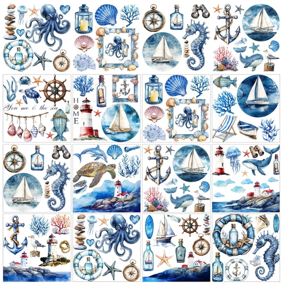 12 Sheets 12 Style Rub on Transfers 5.5x5.5 Inch Nautical Elements Rub on Transfer Blue Printed Transfer Stickers