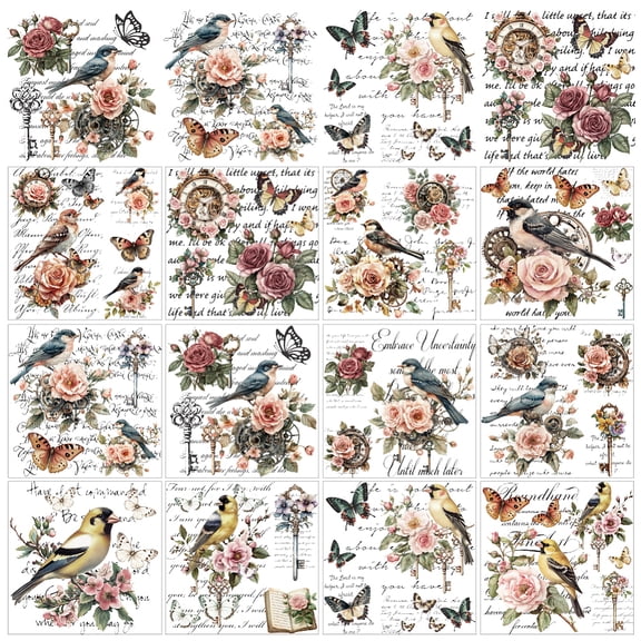 12 Sheets 12 Style Rub on Transfers 5.5x5.5 Inch Vintage Birds Rose Rub on Transfer Colorful Birds Print Transfer Stickers for Window Furniture