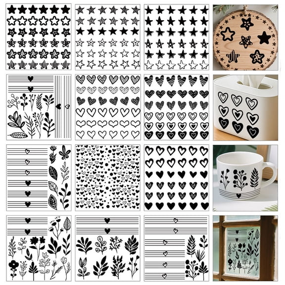 12 Sheets 12 Style Stickers Heat Transfer Film for Window Decoration Mixed Shapes 140x140mm 1 sheet/style