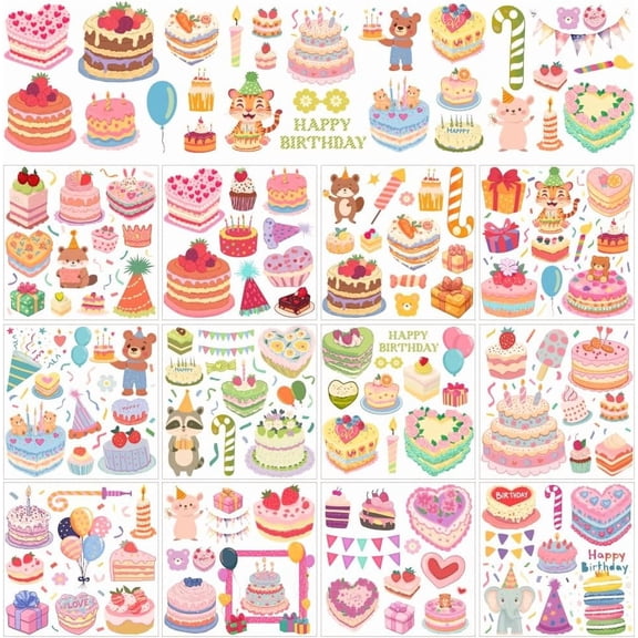 12 Sheets 12 Styles Rub on Transfers for Crafts and Furniture 5.5x5.5 Inch Birthday Cake Transfer Stickers Cute Cartoon PVC Window Decals for DIY Home Window Decor