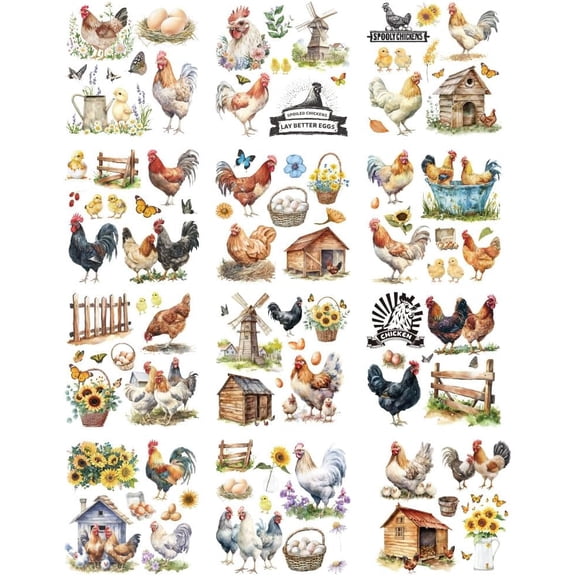 12 Sheets 12 Styles Rub on Transfers Waterproof Rub on Transfers Rustic Style Roosters Themed Cup Wraps Decal