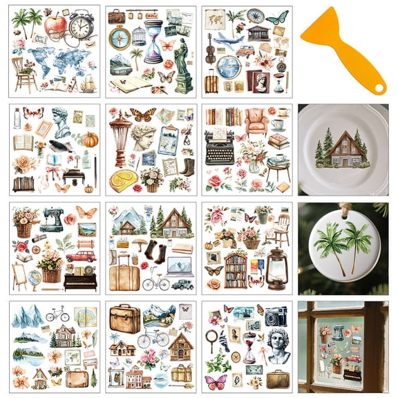 12 Sheets 12 style PVC Stickers Heat Transfer for Window Decoration Mixed Shapes 140x140mm 1 sheet/style PVC