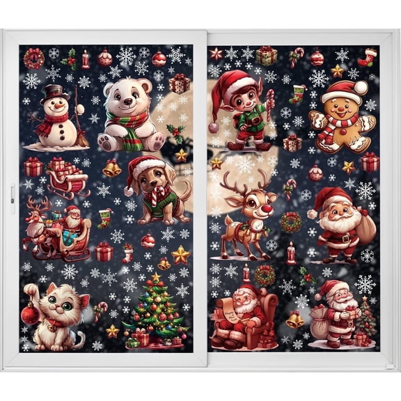 12 Sheets 171 Pcs Big Size Christmas Window Clings Christmas Decorations Santa Reindeer Dog Cat Christmas Window Sticker Window Decals Window Stickers Home School Office Party Supplies