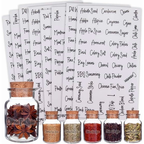 12 Sheets 2196Pcs Seasoning Stickers Labels White Spice Name Labels Preprinted Black Cursive Font Words PVC Adhesive Waterproof Tags Decals DIY