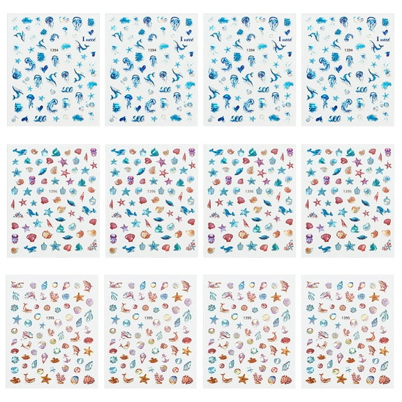 12 Sheets 3 Style Waterproof Ocean Theme PET Nail Art Stickers Self-adhesive for DIY Nail Decals Design Manicure Decor Mixed Color 133x83x0.5mm 4sheets/style