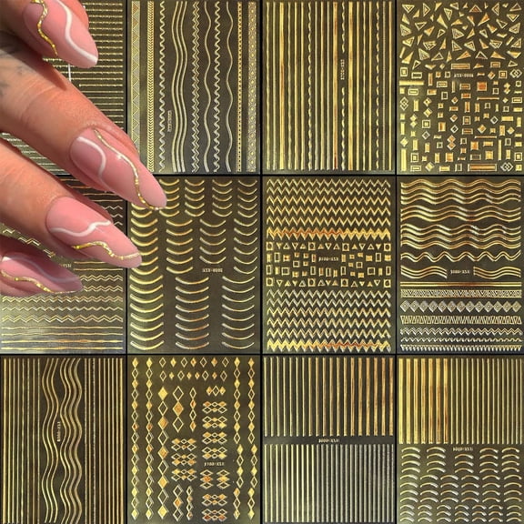 12 Sheets 3D Gold Metallic Nails Decals Wavy Line Nails Stickers Nails Art Decorations French Line Nails Art Stickers