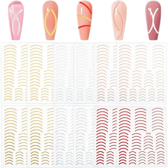 12 Sheets 6 Colors 3D Lines Nail Stickers Imitation Metal Nail Art Decals 3D Self-Adhesive Curve Strip Line Nail Decals French Nail Designs for DIY Women Nail Art DIY Decoration Accessories