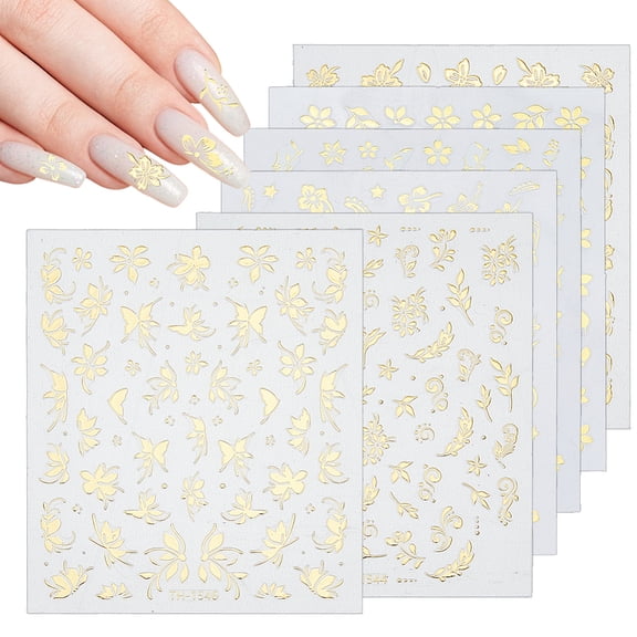 12 Sheets 6 Styles Plastic Nail Art Stickers Decals Self-adhesive For Nail Tips Decorations Mixed Shape Pattern Gold 10x8-8.5x0.01-0.02cm