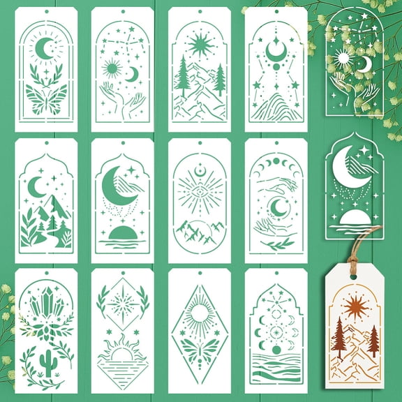 12 Sheets Arched Boho Painting Stencils 12 Styles Mountain Moon Sun Leaf Landscape Drawing Templates Arched Wall Art Templates
