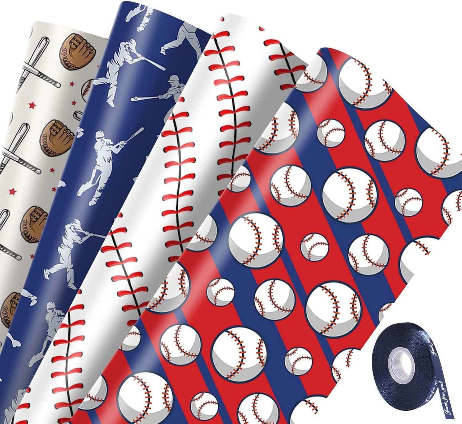 12 Sheets Baseball Wrapping Paper with Ribbon, Sports Gift Wrap Paper Bulk Baseball Themed Print Art Paper Folded Flat for Birthday Party Holiday DIY Crafts Gift Wrapping - 19.7 x 27.6 Inch Red, Blue,