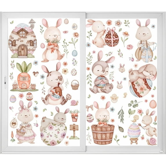 12 Sheets Big Size Easter Window Clings - Cute Bunny Eggs & Flowers Window Decals - Home, School, Office & Party Supplies