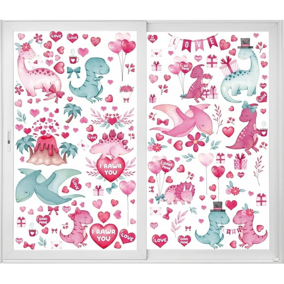 12 Sheets Big Size Valentines Day Window Clings Valentine's Day Decor Valentine Dinosaur Decorations Valentines Decorations Dino Window Sticker Valentines Day Gifts Window Decals Window Stickers