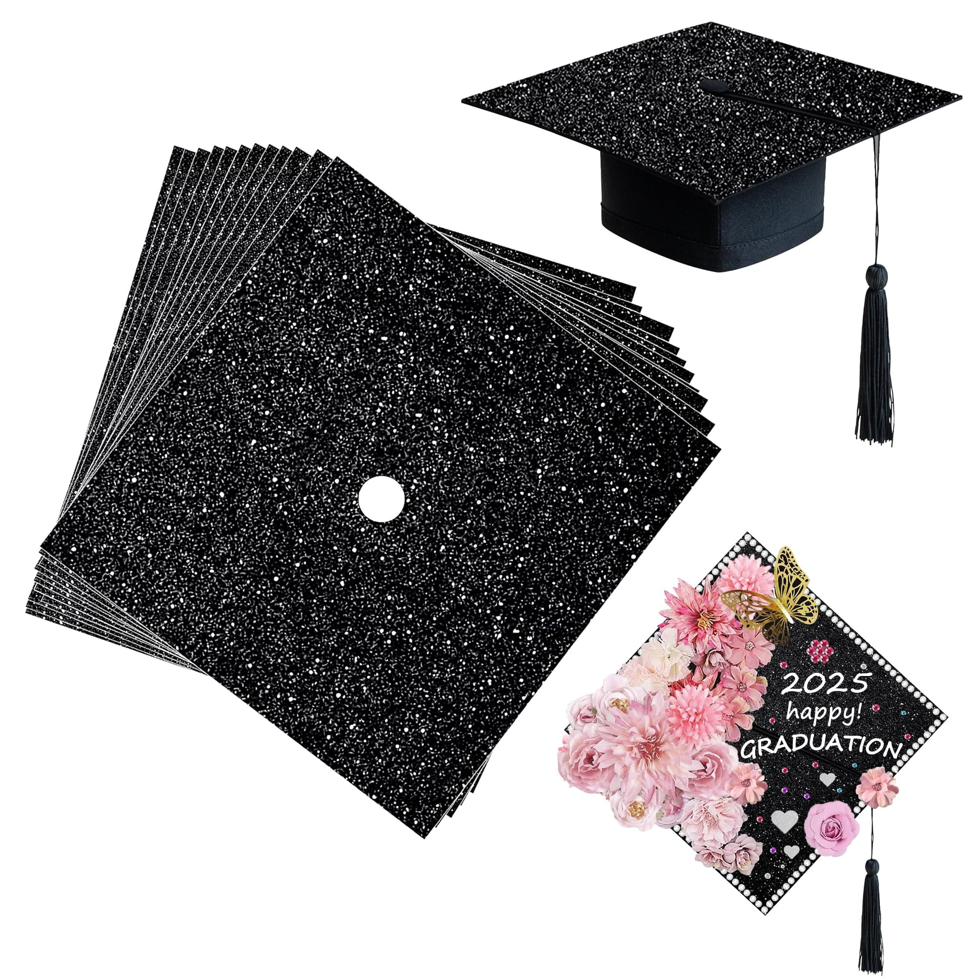 12 Sheets Black Glitter Cardstock DIY Grad Cap Decorations Glitter Construction Paper for Grad Caps with Double Sided Tape for Graduation Cap Decorations DIY Crafts Scrapbook Supplies, 9.8 x 9.8 Inch
