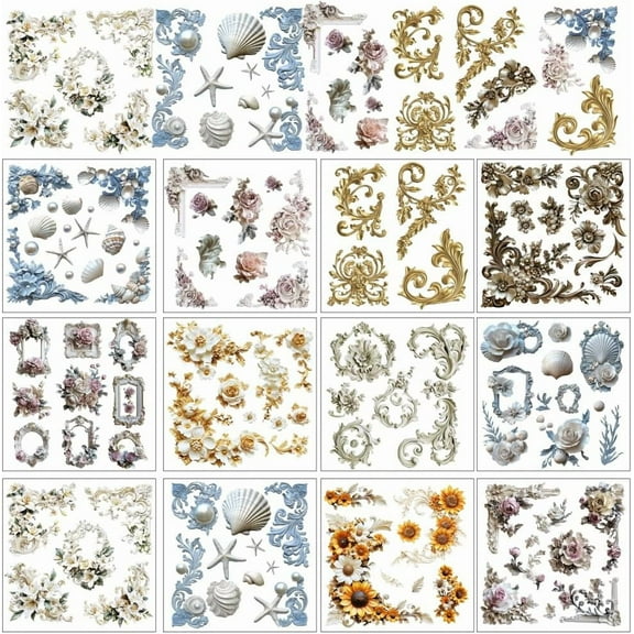 12 Sheets Border Rub on Transfers 12 Styles Baroque Court Style Heat Transfer Film Retro Carved Art Style Rub on Decals Stickers