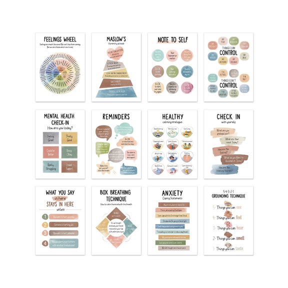 12 Sheets Calming Corner Posters Inspirational Mental Health Poster Wall Feeling Chart For Classroom 10x14Inch