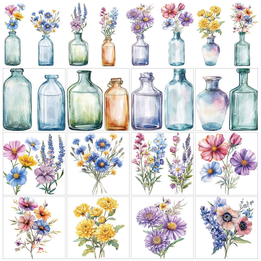 Flower Transfer Stickers 12 Sheets Canned Flowers Rub on Transfer Stickers Vintage Bouquet with ...