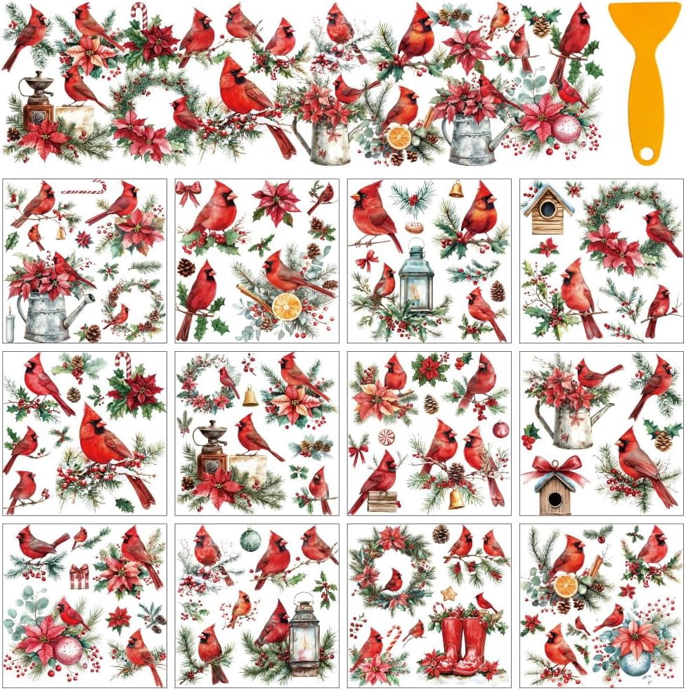 12 Sheets Cardinal Christmas Rub on Transfer Stickers Pine Cone ...