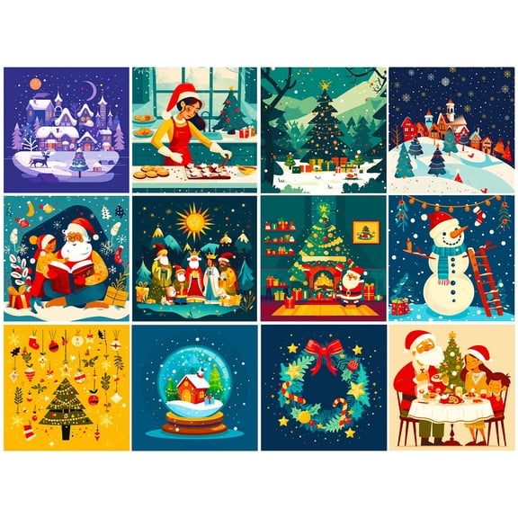 12 Sheets Christmas Flat Style Pattern Paper, Winter Scenes, Snow Village, Baking, Tree, Santa, Gift Decor