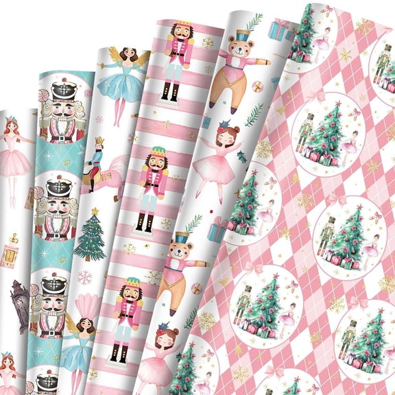 12 Sheets Christmas Gift Wrapping Paper with Nutcracker ,Princess, Christmas Tree Pink Christmas Gift Wrap Packaging
