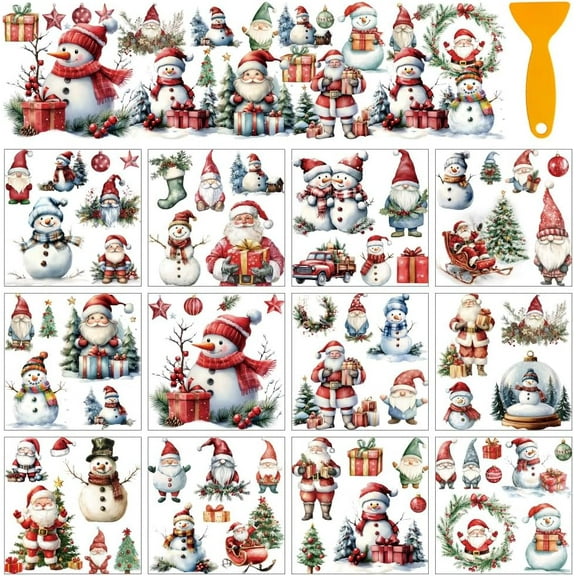 12 Sheets Christmas Rub on Transfer Stickers Snowman Santa Claus Window Clings for Home School Office Decoration Holiday Winter Decor DIY Crafts Supplies 5.5x5.5
