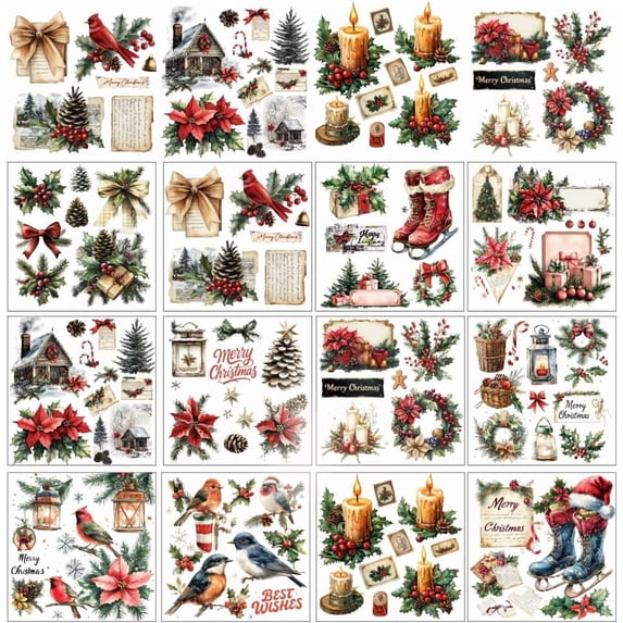 12 Sheets Christmas Rub on Transfers for Crafts and Furniture Vintage Christmas Santa and Tree Xmas Rub on Transfer Stickers Winter Decals for DIY Craft Home Window Decor 5.5x5.5 Inch