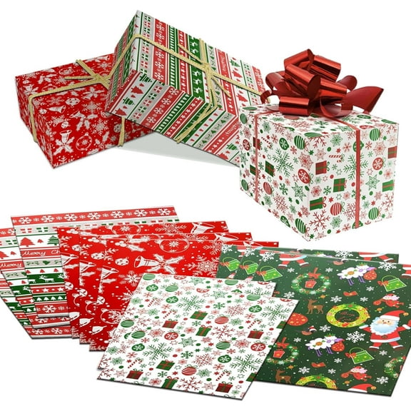 12 Sheets Christmas Wrapping Paper Bundle Kraft Paper, Xmas Gift Wrap Design Include Snowmen, Tree, Socks, Snowflakes 20 x 29.5 inch