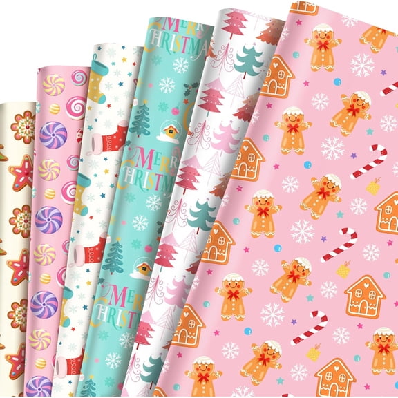 12 Sheets Christmas Wrapping Paper, Pink Christmas Gift Wrapping Paper Gingerbread Man Wrapping Paper for Birthday Xmas Holiday Winter Party Gift Wrap, Merry Christmas Decorations Gift Paper