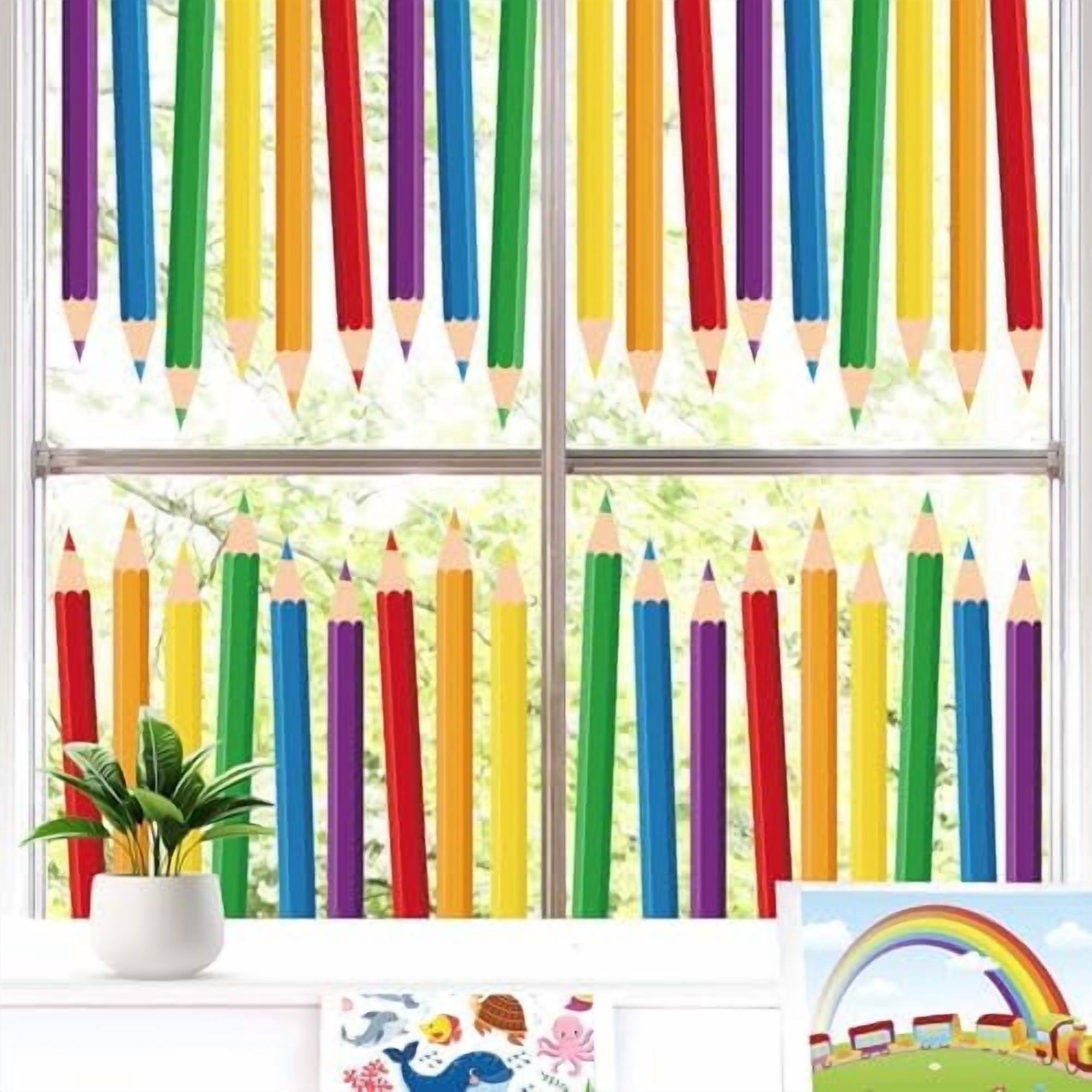 Window Colouring Sticker 12 Sheets Colorful Pencil Window Clings Pencil Double Sided Window ...
