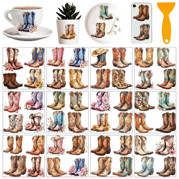 12 Sheets Cowboy Boots Rub on Transfer Stickers Country Western Cowgirl Window Decoration Furniture Decal for Office Decor DIY Crafts Supplies 5.5x5.5