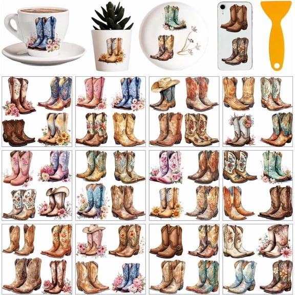12 Sheets Cowboy Boots Rub on Transfer Stickers Country Western Cowgirl Window Decoration Furniture Decal