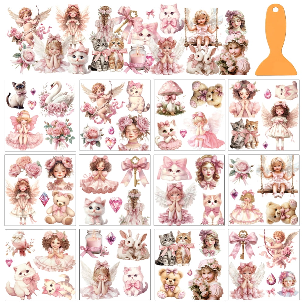 12 Sheets Cute Pink Theme Rub on Transfer Stickers Cat Roses Swan ...
