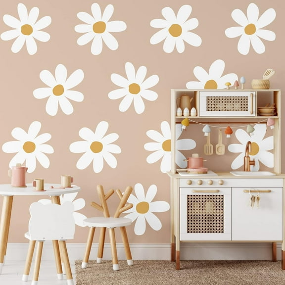 12 Sheets Daisy Wall Decals Flower Wall Stickers Large Cute Daisy Stickers White Flower Decal Peel and Stick for Nursery Bedroom Living Room Home Decor(Classic Style)