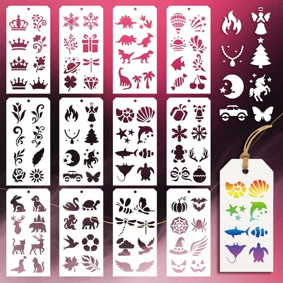 12 Sheets Decorative Painting Templates 96 Styles Crowns Flowers Animals Christmas Drawing Templates Reusable Border Stencil