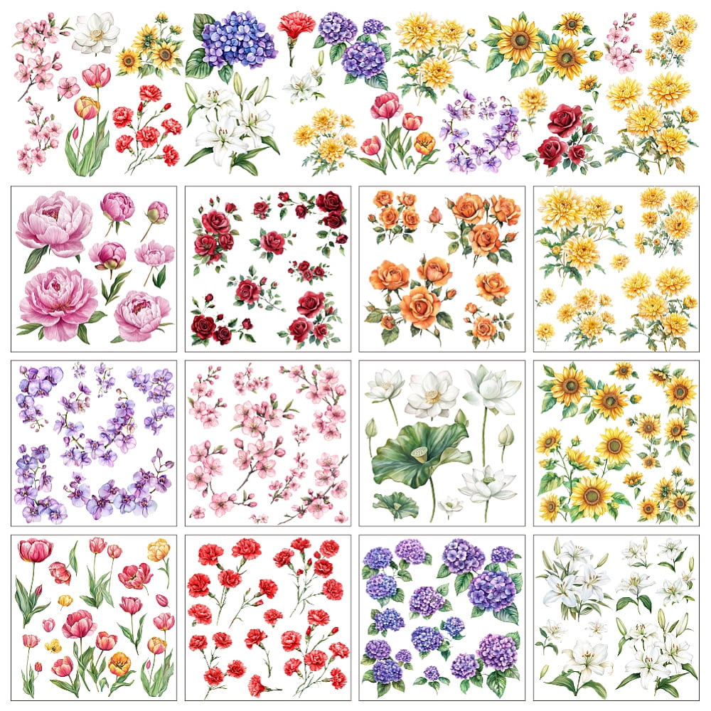 Flower Transfer Stickers 12 Sheets Different Flowers Rub On Transfer Stickers Rose Sunflower ...