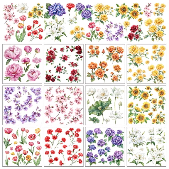 12 Sheets Different Flowers Rub On Transfer Stickers Rose Sunflower Hydrangea Lily Floral Stickers Literary Style House Decals for Study Room