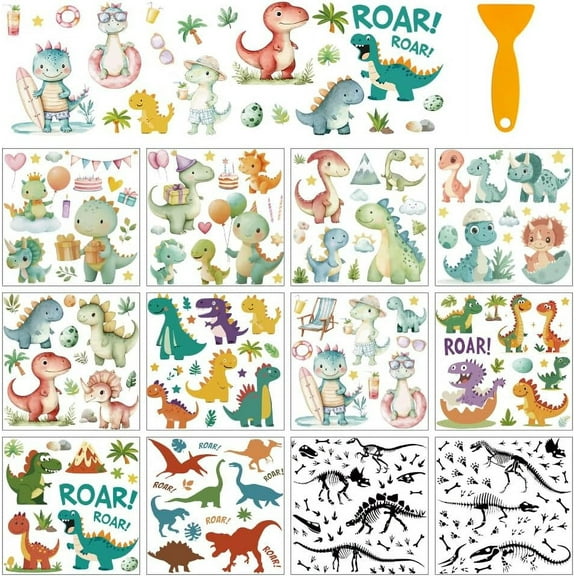 12 Sheets Dinosaur Rub on Transfers for DIY Crafts 12 Styles Colorful Cute Dinosaur Pattern Decals PVC Stickers Rub on Decals for DIY Home Window Furniture Wood DIY Craft