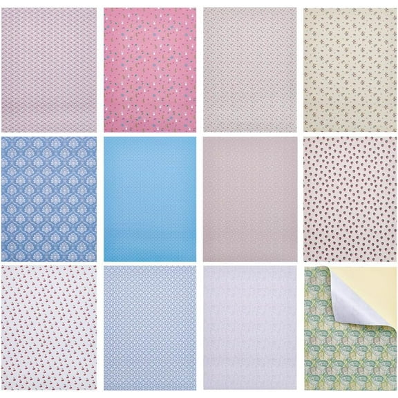 12 Sheets Dollhouse Wallpaper 12 Styles Miniature Dolls House Floor Paper Mini House Decoration Sticker DIY Self Adhesives Wall Paper for DIY Dollhouse Background 8.2x11.7 inch