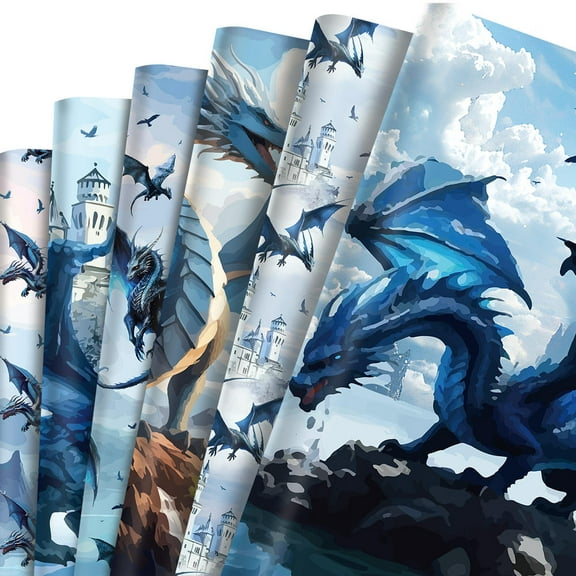 12 Sheets Dragon Wrapping Paper Roll for Kids Boys Girls - Blue Fly Drgon Design Gift Wrap Sheets for Birthday Baby Shower Holilday Magical Party Decor