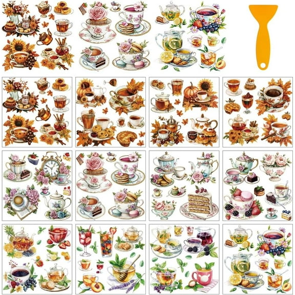 12 Sheets Drink Themes Rub on Transfers DIY for Craft Desserts Coffee Flower Tea Fruit Tea Transfer Sticker Furniture Decals Waterproof Stickers DIY for Home Window Water Bottle Glass Decoration
