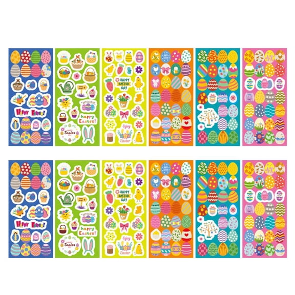 12-Sheet Easter Sticker Set for Kids, Cartoon Bunny & Colorful Egg DIY Craft Stickers, "Happy Easter" Decals for Scrapbooking, Party Favors, and Gift Wrapping