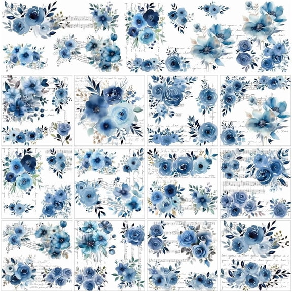 12 Sheets Elegant Blue Flower & Musical Note Staff Decorative Transfer Stickers Literary House Decals for DIY Making