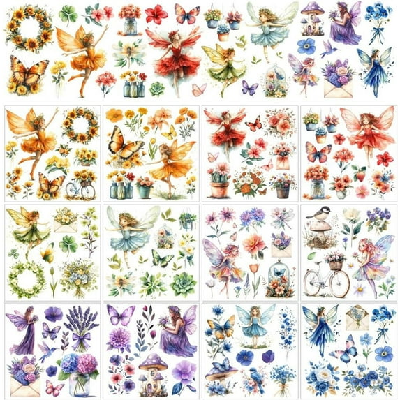 12 Sheets Fairy Rub on Transfers for Crafts 12 Styles Angel Flower Decals PVC Stickers Rub on Decals for Home Window Furniture Wood DIY Craft Colorful