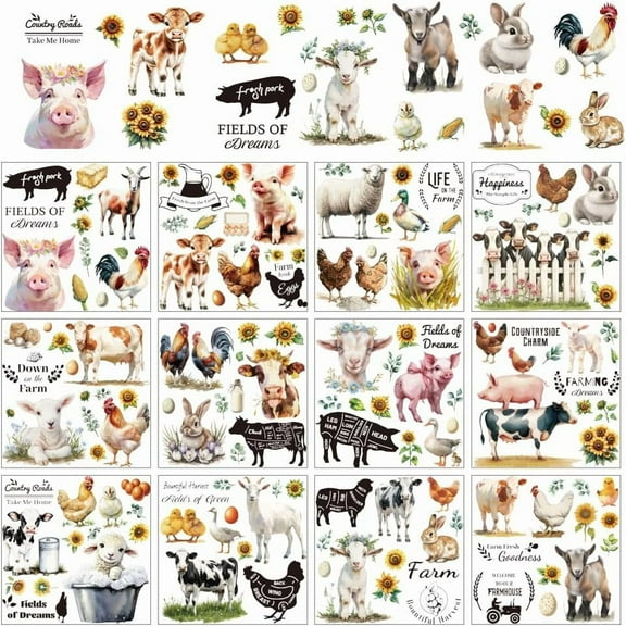 12 Sheets Farm Animals Rub on Transfers for Crafts Pig Sheep Cow Rub on Transfer Stickers Village PVC Rub on Decal for DIY Home Furniture Window Wood 14x14cm diy