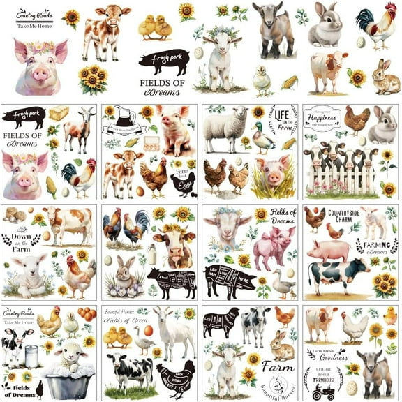 12 Sheets Farm Animals Rub on Transfers for Crafts Pig Sheep Cow Rub on Transfer Stickers Village PVC Rub on Decal for DIY Home Furniture Window Wood 14x14cm