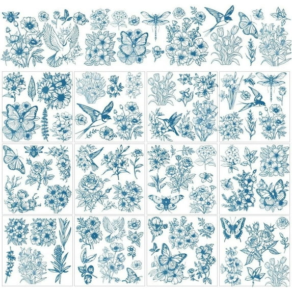12 Sheets Floral Bird Rub on Transfers for Crafts Flower and Butterfly Rub on Transfer Stickers Vintage Plant Rub on Decals Sticker